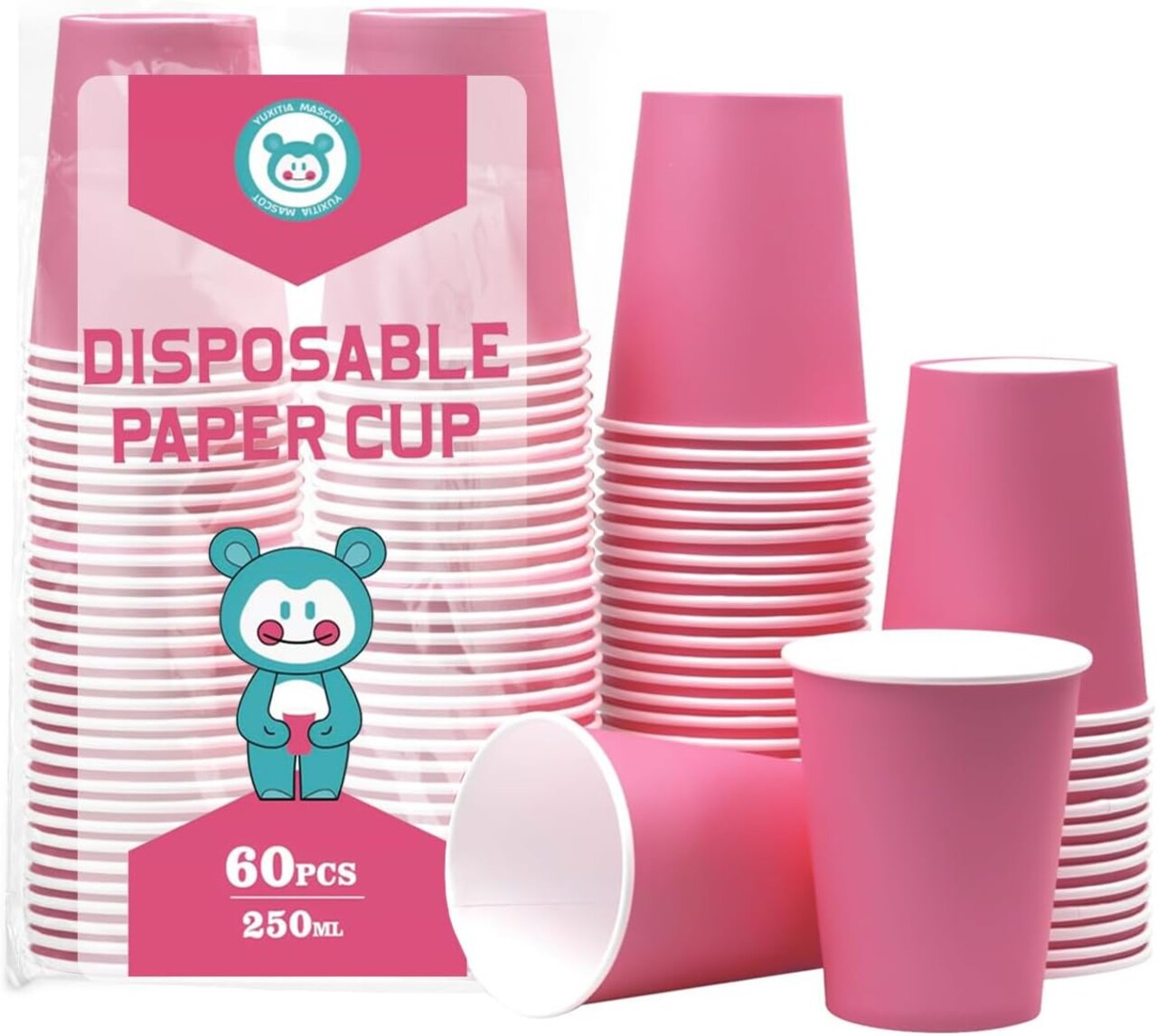 Paper Cups, 60pcs Pink Paper Cups For DIY Wedding Party Picnic BBQ Travel and Event 8oz (Pink)